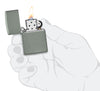 Encendedor Zippo Modelo Básico Gris Salvia Suave Abierto con Llama en Mano Estilizada