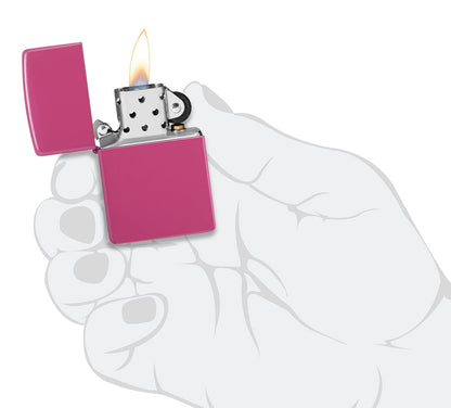 Encendedor Zippo Rosa Suave Modelo Básico de Frecuencia Abierto con Llama en Mano Estilizada