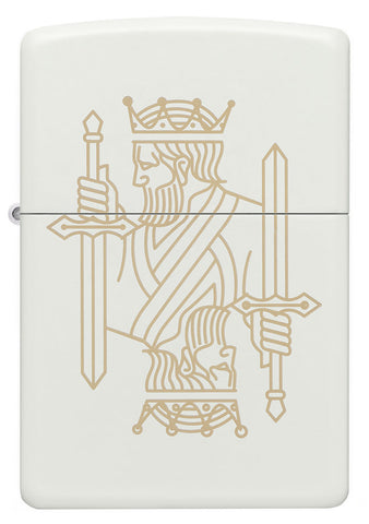 Encendedor Zippo vista frontal blanco mate con grabado láser de doble cara de un rey con corona y espada
