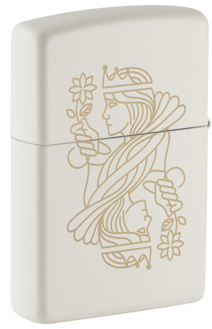 Encendedor Zippo vista trasera ¾ de ángulo blanco mate con grabado láser de doble cara de una reina con tiara así como flor