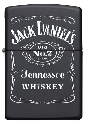 Vue de face briquet Zippo noir avec logo Jack Daniel's blanc