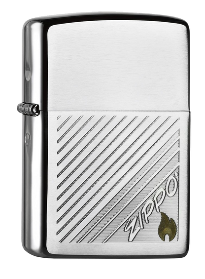 Vista de tres cuartos del mechero a prueba de viento Zippo Laser Two tone