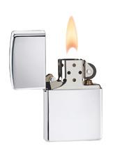 Briquet Zippo chrome haute brillance, ouvert avec flamme
