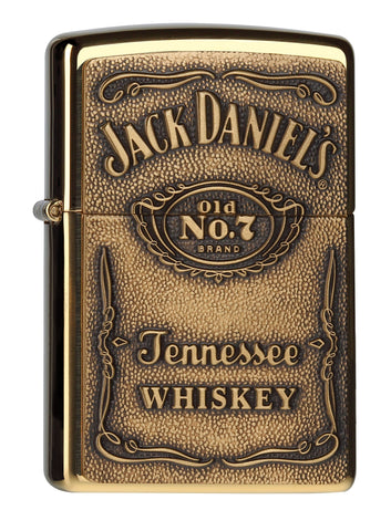 Vue de face 3/4 briquet Zippo laiton emblème logo Jack Daniel's