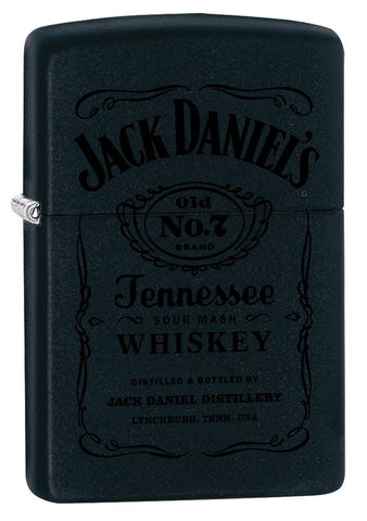 Vue de face 3/4 briquet Zippo noir logo Jack Daniel's