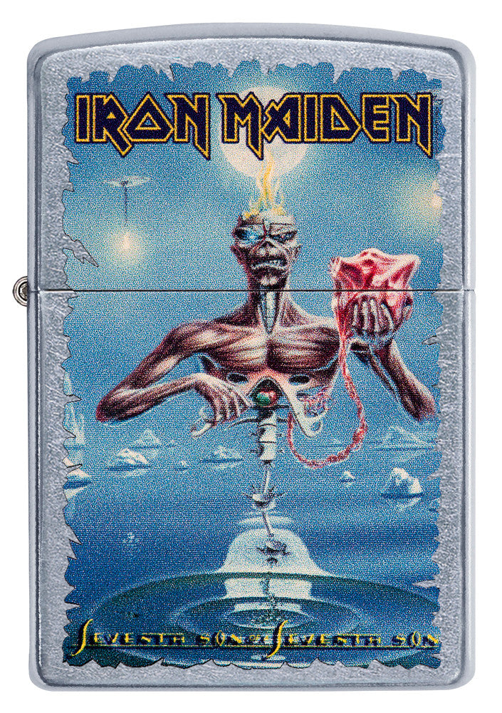 Vista frontal del mechero a prueba de viento Zippo Iron Maiden