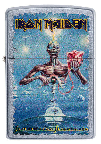 Vista frontal del mechero a prueba de viento Zippo Iron Maiden
