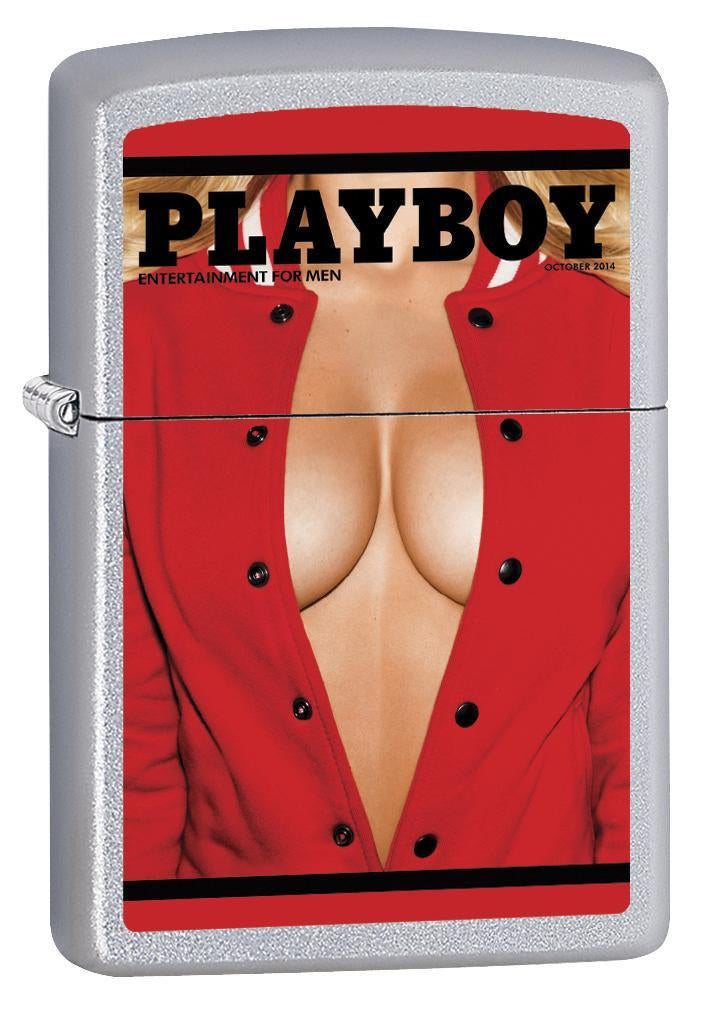 Vue de face 3/4 briquet Zippo chromé avec couverture Playboy octobre 2014