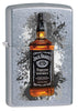 Vue de face 3/4 briquet Zippo chromé bouteille de Jack Daniel's au milieu