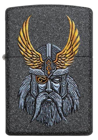 Vue de face briquet Zippo gris avec la tête d'Odin, père des dieux