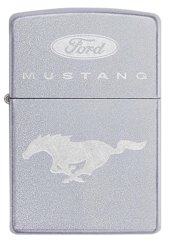 Vue de face briquet Zippo chromé lettrage Ford Mustang avec cheval au galop en dessous