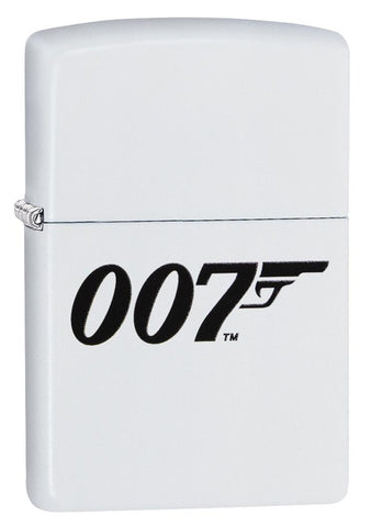 Vue de face 3/4 briquet Zippo blanc James Bond avec logo 007 au milieu