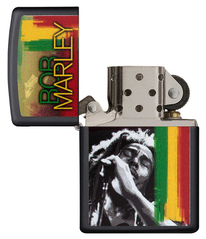 Vista frontal del mechero a prueba de viento Zippo Bob Marley apagado, sin llama