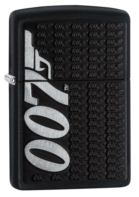 Vue de face 3/4 briquet Zippo noir avec grand logo 007 sur le côté