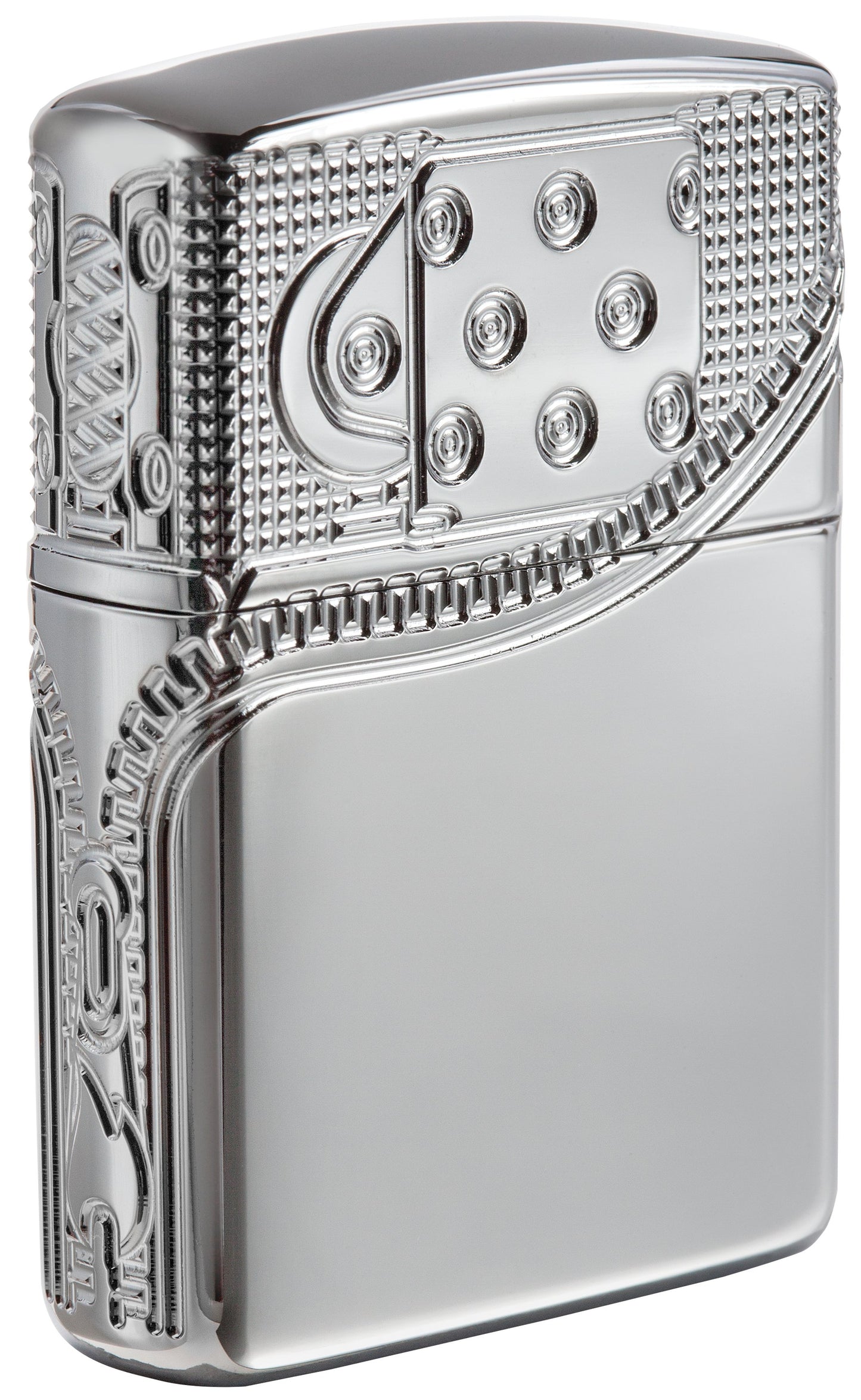 Vue de dos 3/4 briquet Zippo chrome haute brillance gravure profonde foyer de briquet Zippo avec fermeture Éclair
