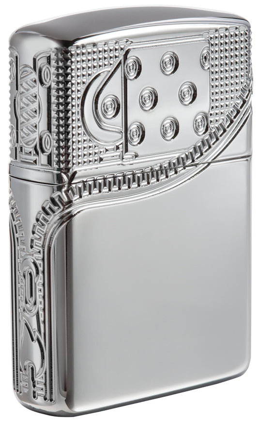 Vue de dos 3/4 briquet Zippo chrome haute brillance gravure profonde foyer de briquet Zippo avec fermeture Éclair