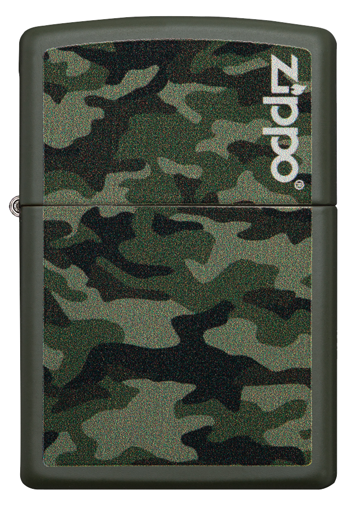 Vista frontal del mechero a prueba de viento Zippo Camo and Zippo Design