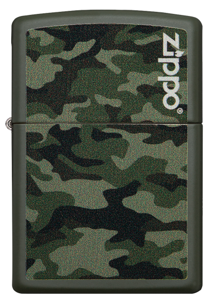 Vista frontal del mechero a prueba de viento Zippo Camo and Zippo Design