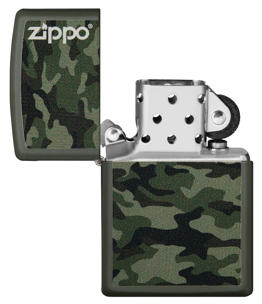Vista frontal del mechero a prueba de viento Zippo Camo and Zippo Design apagado, sin llama