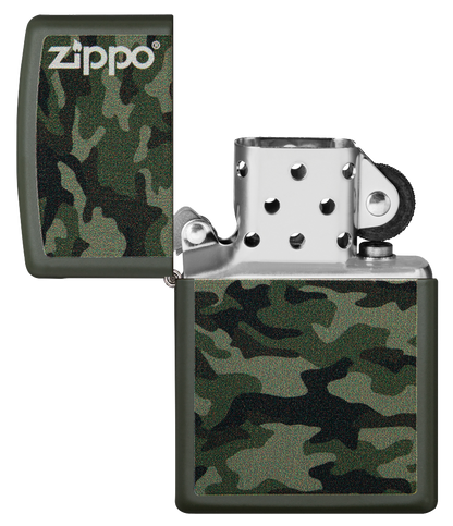 Vista frontal del mechero a prueba de viento Zippo Camo and Zippo Design apagado, sin llama