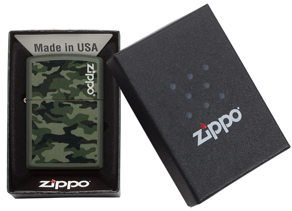 Mechero a prueba de viento Zippo Camo and Zippo Design en su caja de regalo