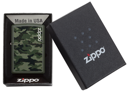 Mechero a prueba de viento Zippo Camo and Zippo Design en su caja de regalo