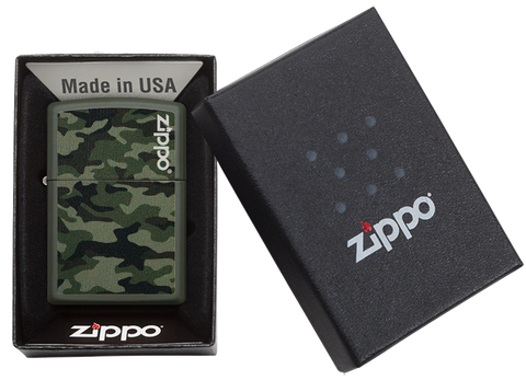Mechero a prueba de viento Zippo Camo and Zippo Design en su caja de regalo