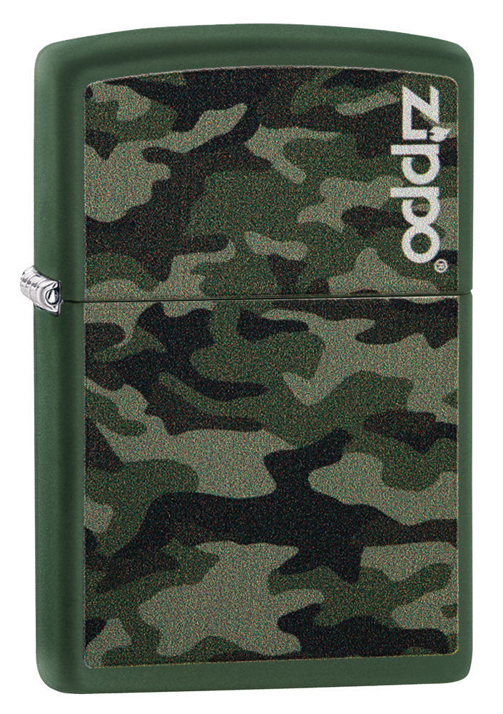 Vista de tres cuartos del mechero a prueba de viento Zippo Camo and Zippo Design