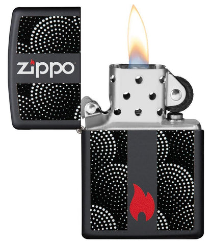 Briquet Zippo noir logo avec flamme entourée de cercles en pointillés, ouvert avec flamme