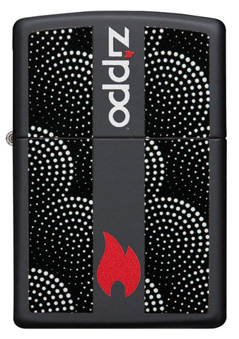 Vue de face briquet Zippo noir logo avec flamme entourée de cercles en pointillés