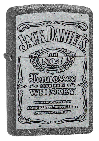 Vue de face 3/4 briquet Zippo gris avec grand logo Jack Daniel's