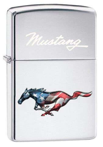 Vue de face 3/4 briquet Zippo cheval Mustang chromé aux couleurs du drapeau américain