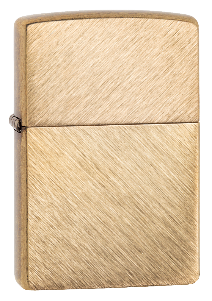 Vista de tres cuartos del mechero a prueba de viento Zippo Herringbone Sweep Brass