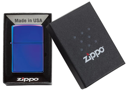 Briquet Zippo bleu haute brillance, dans une boîte ouverte
