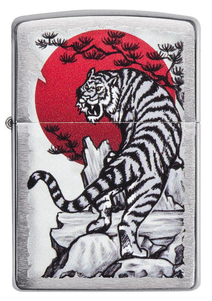 Briquet Zippo chromé avec tigre asiatique devant un soleil rouge 