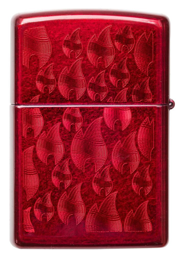 Vue de face briquet Zippo rouge avec de nombreuses flammes Zippo