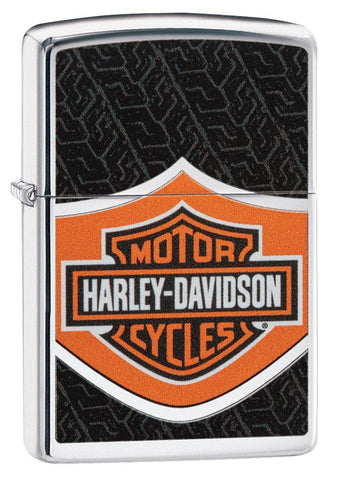 Vue de face 3/4 briquet Zippo chromé avec logo Harley Davidson orange noir blanc
