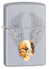 Vue de face 3/4 briquet Zippo chromé tête de mort en éléMen,t Swarovski avec des ailes gravées