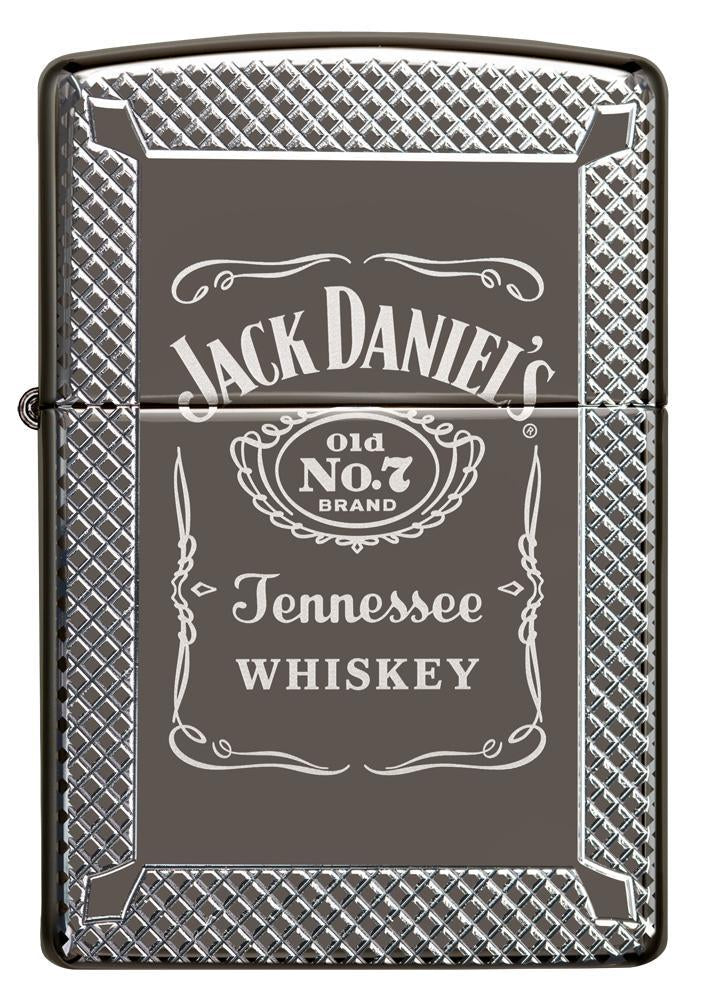 Vue de face briquet Zippo gris brillant logo et lettrage Jack Daniel gravés