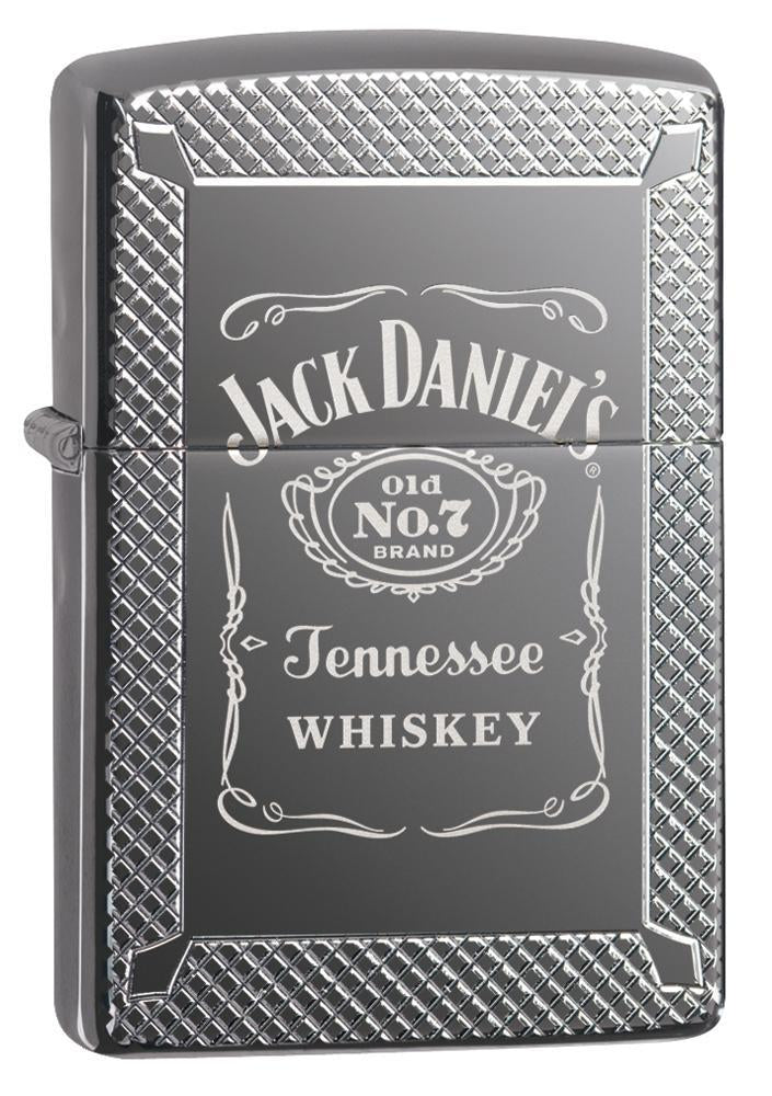Vue de face 3/4 briquet Zippo gris brillant logo et lettrage Jack Daniel gravés