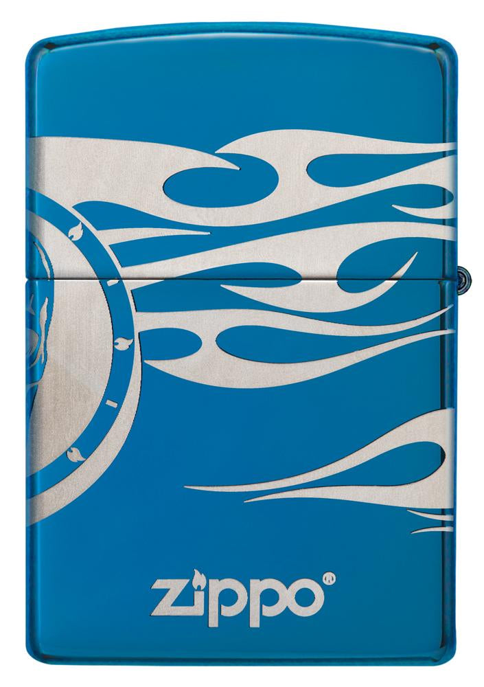 Vue de dos briquet Zippo bleu haute brillance gravure tête de mort et flammes