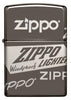 Vue de face briquet Zippo Black Ice avec différents logos Zippo
