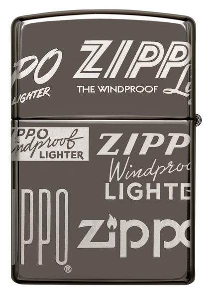 Vue de dos briquet Zippo Black Ice avec différents logos Zippo