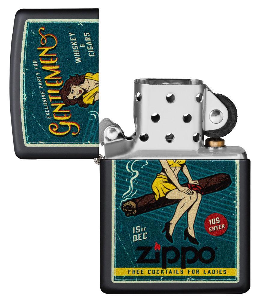 Garantie Zippo publicité rétro femme assise sur un cigare, ouvert