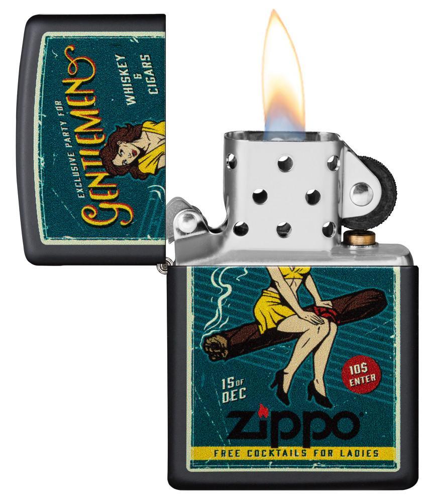 Garantie Zippo publicité rétro femme assise sur un cigare, ouvert avec flamme
