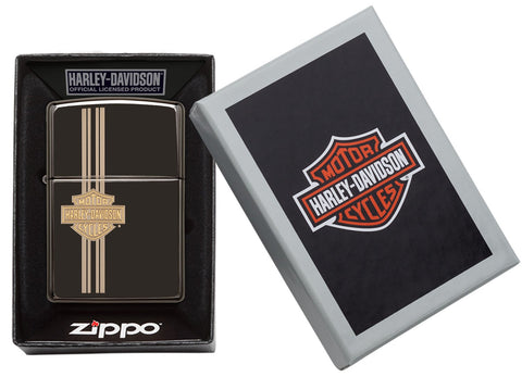 Briquet Zippo noir haute brillance petit logo Harley Davidson gravé, dans une boîte ouverte