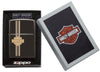 Briquet Zippo noir haute brillance petit logo Harley Davidson gravé, dans une boîte ouverte