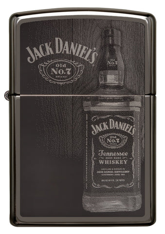 Vue de face briquet Zippo gris brillant logo Jack Daniel's et bouteille