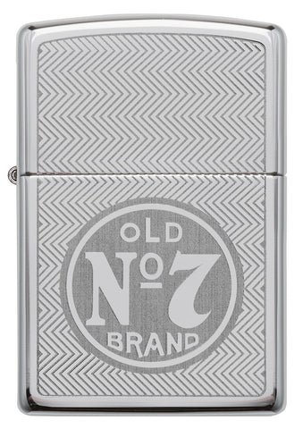 Vue de face briquet Zippo chromé avec logo Jack Daniel's Old No 7