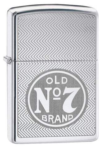 Vue de face 3/4 briquet Zippo chromé avec logo Jack Daniel's Old No 7